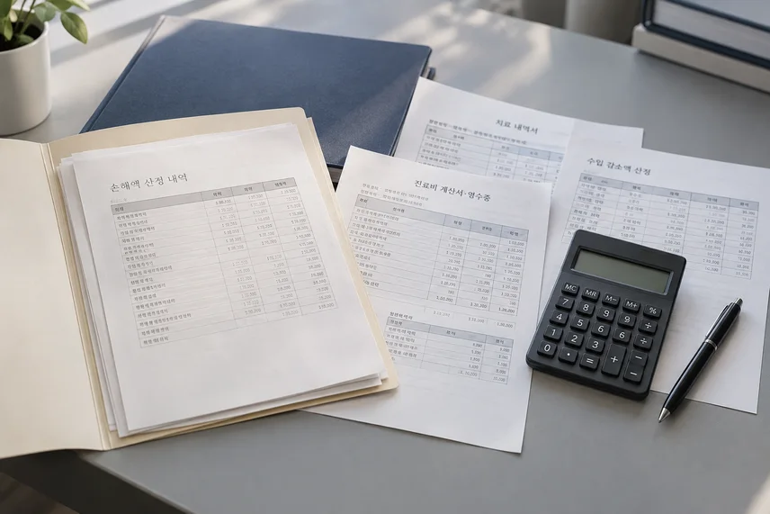 손해액과 치료비 내역을 계산기로 산정하는 책상